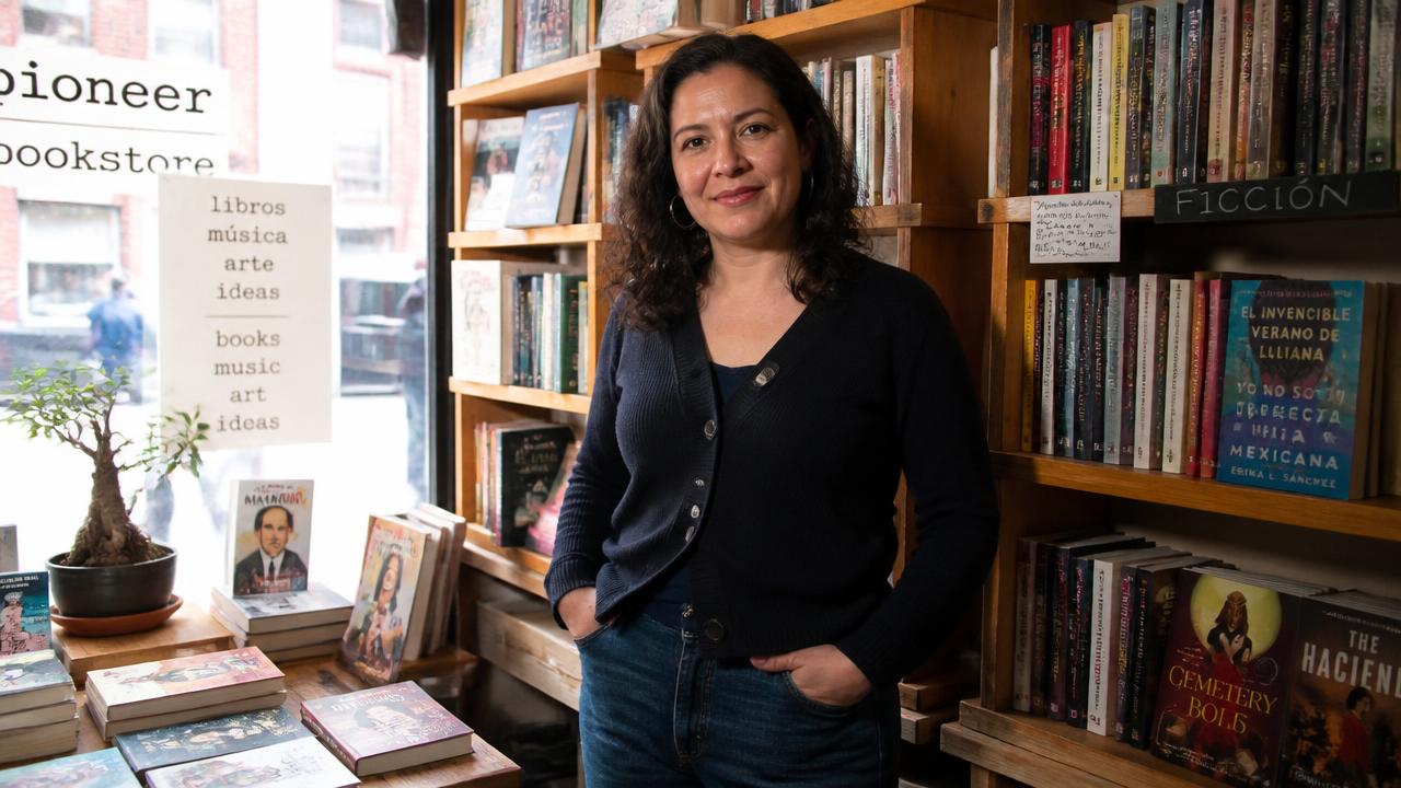 Owner standing inside a bilingual neighborhood bookstore