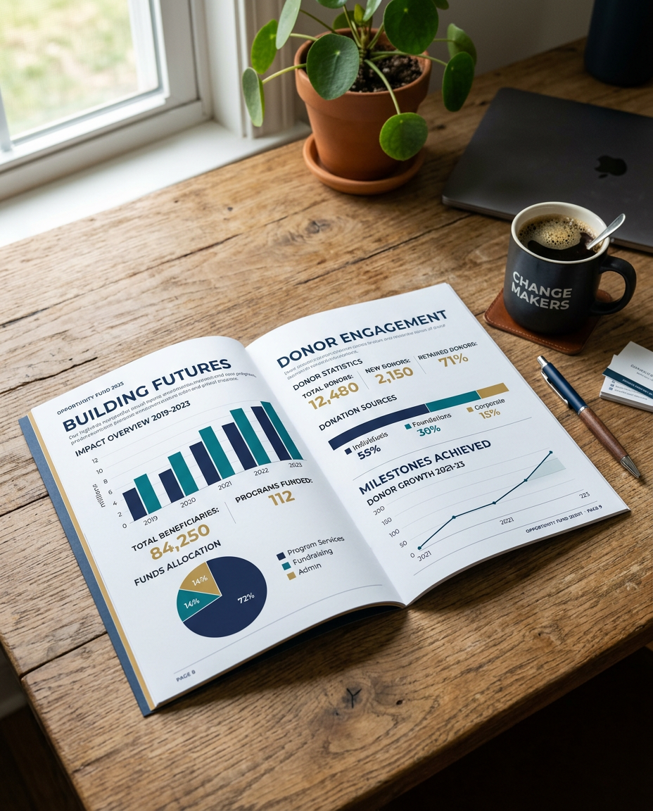 Open nonprofit annual impact report showing charts and donor statistics