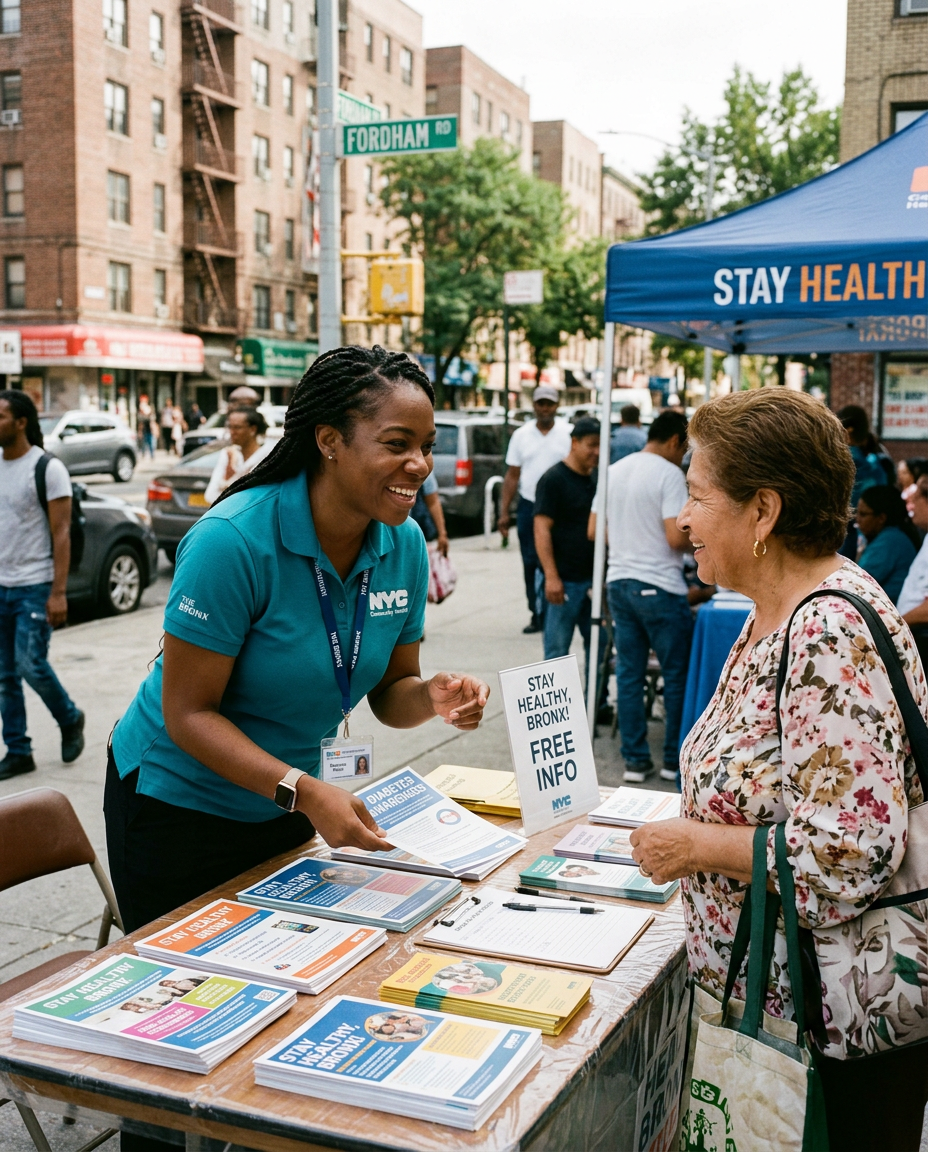 Community health worker speaking with a resident at a Bronx outreach table