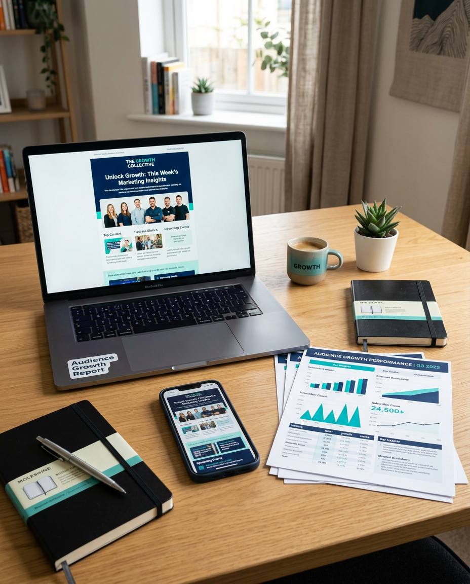 Laptop showing an email newsletter beside printed audience growth reports