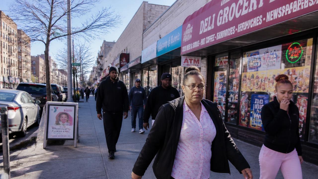 Residents walking past small local storefronts on a Bronx street