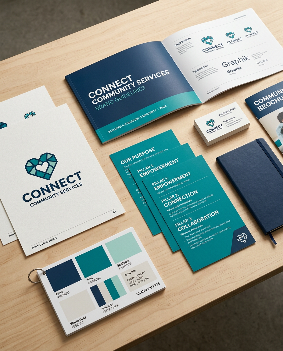 Nonprofit rebrand materials with navy and teal brand palette cards